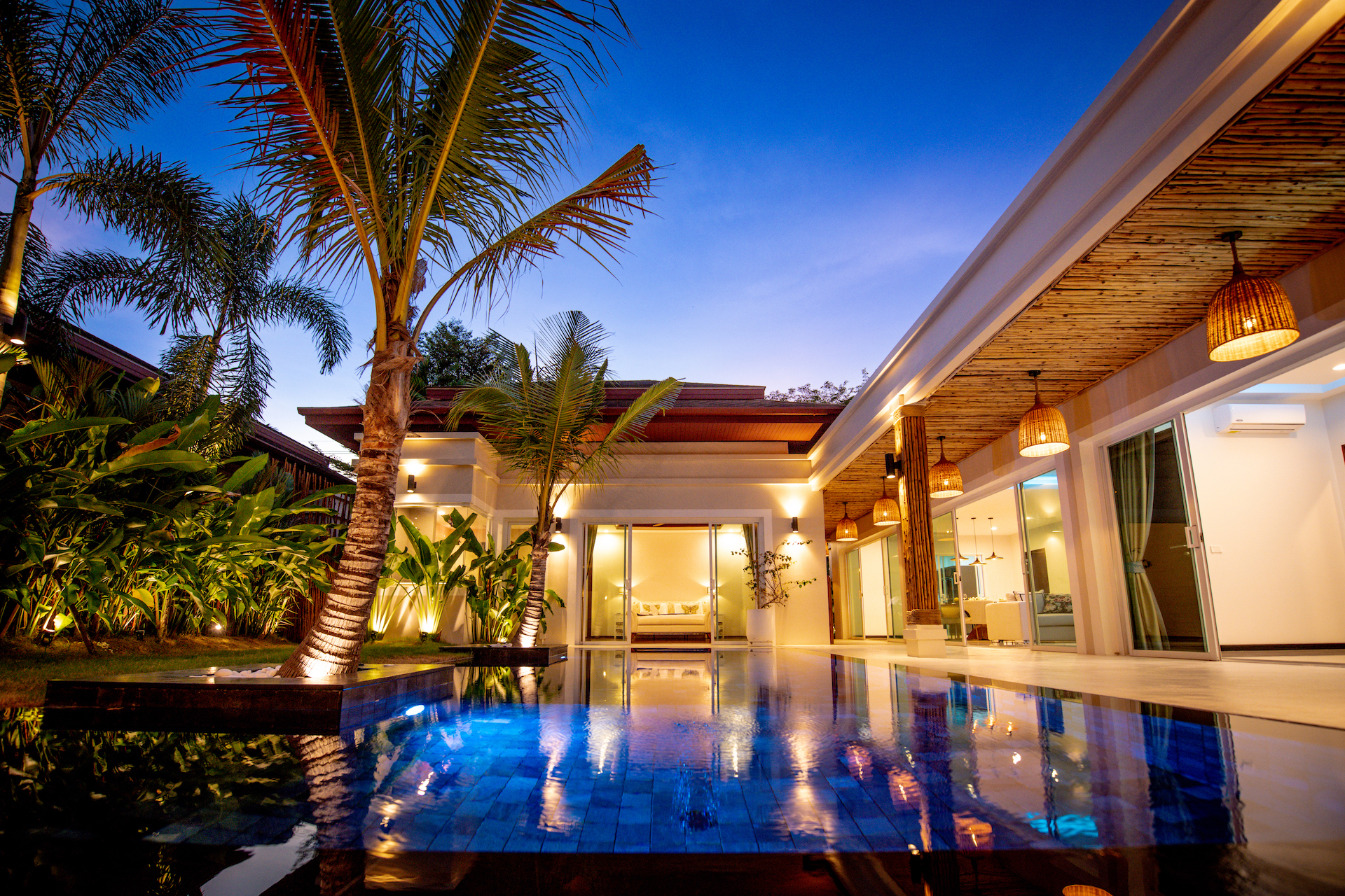 Luxury villa pool at dusk